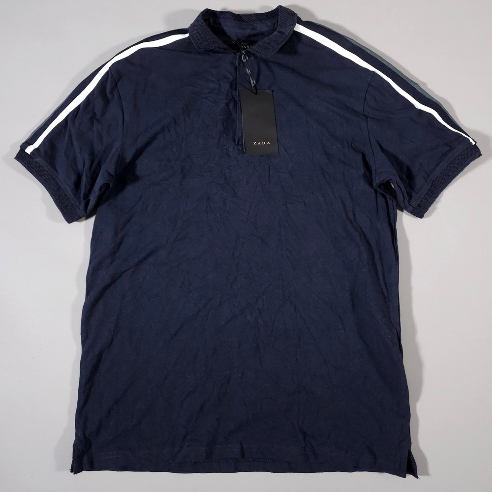 Zara Polo Shirt Mens L Blue Short‎ Sleeve Racing Stripe 4087/305/401 New NWT